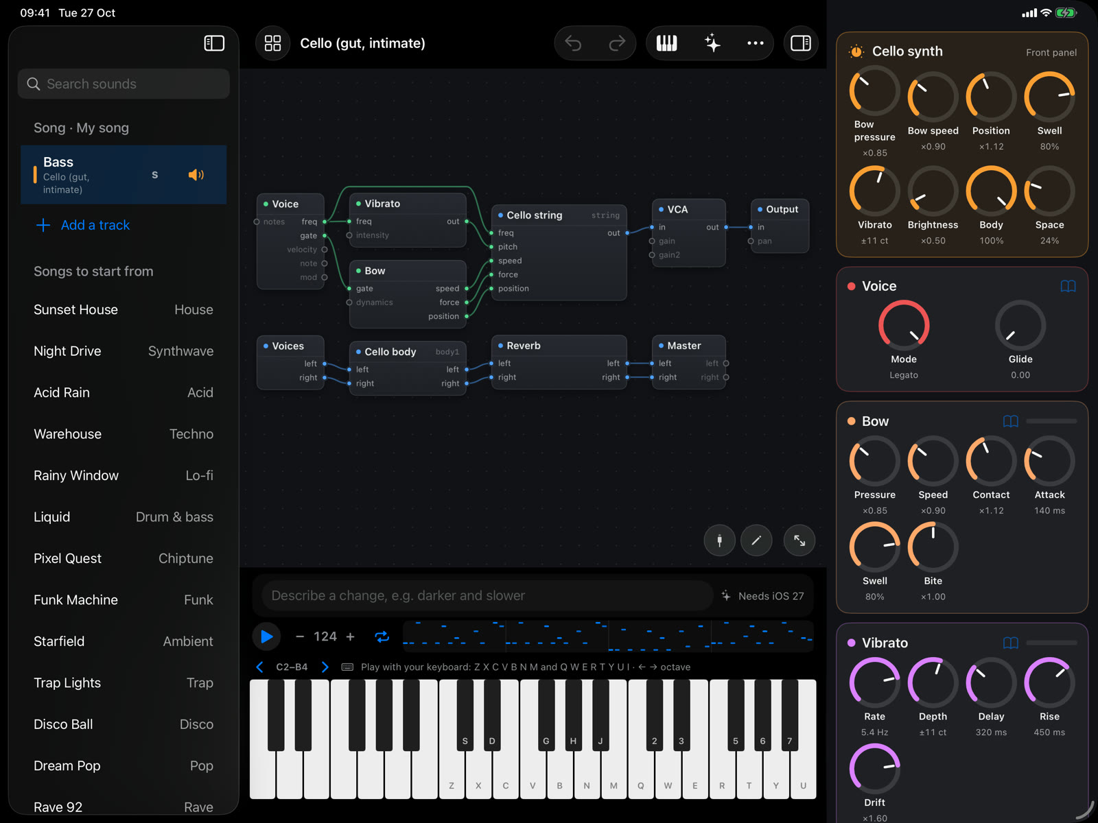 SynthMaker on iPad: the cello's patch and its front panel