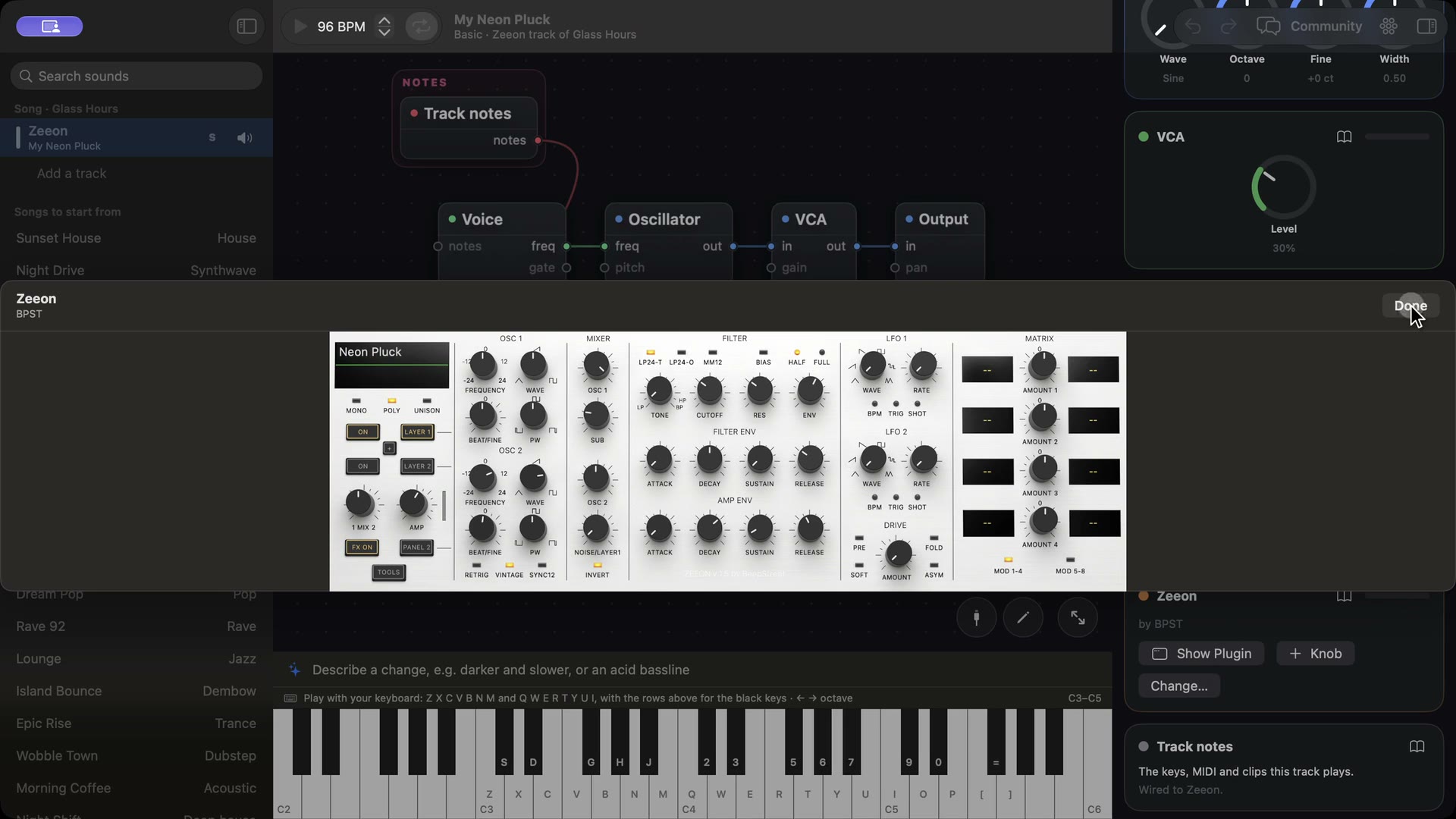 Zeeon, a third-party AUv3 synth by Bram Bos, open inside SynthMaker on Mac, wired from Track notes